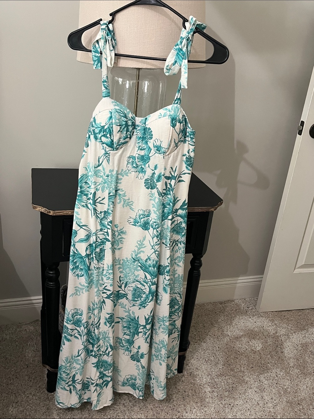 Tie-Shoulder Floral Maxi Slip Dress in Teal and White